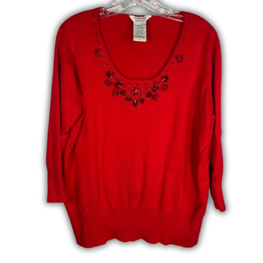 George Women Plus Red Beaded Scoop Neck 3/4 Sleeve Sweater Top 18W 20W‎ 1X